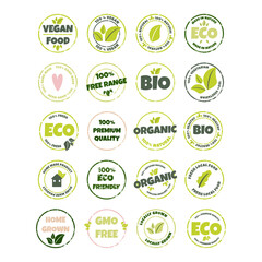 Set of eco, bio, organic and natural products sticker, logo, label, badge, icon. Vector illustration of textured grunge circle stamp, healthy food symbol, design element