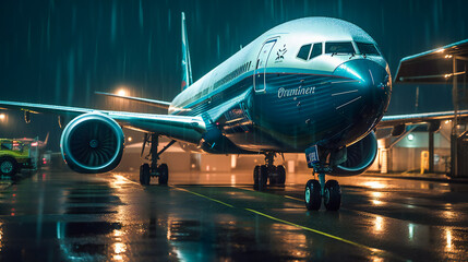 Fototapeta premium Nighttime Preparations. A Boeing Aircraft Readies for Takeoff. Generative AI