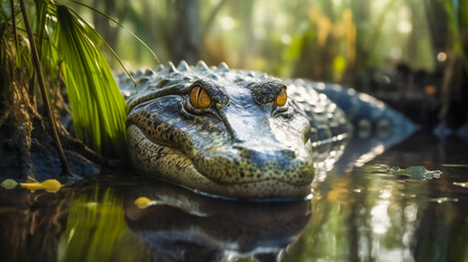 Fototapeta premium Beauty in the Beast. Alligator's Elegance in the Murk. Generative AI.Generative AI