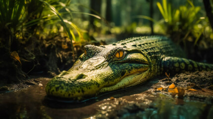 Obraz premium Beauty in the Beast. Alligator's Elegance in the Murk. Generative AI.Generative AI