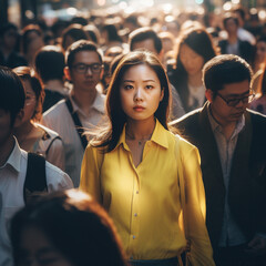 huge crowd and a close up view of a young asian beautiful woman who stands out, stand out from the crowd, be different and respect differences. Generative AI