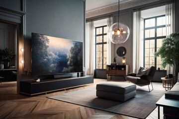 Naklejka na ściany i meble Big Screen TV Takes Center Stage in Modern Living Room. Generative AI