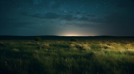 Fototapeta na wymiar Expansive Green Field Illuminated by a Breathtaking Starry Night Sky. Generative AI