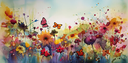 Obraz na płótnie Canvas various flowers, leaves, butterflies, watercolor. Generative AI