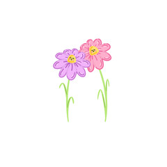 two illustrated happy face flowers in pink and purple. hugging bestfriend smiling flowers 