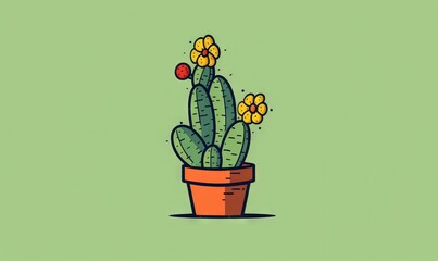  a potted cactus with yellow flowers on a green background.  generative ai