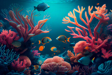 Exploring the Colorful Underwater World. A Collection of Exotic Fish and Coral Reefs.  Generative AI