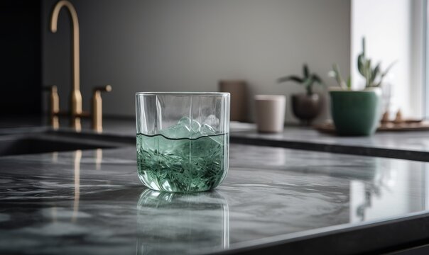  a glass filled with water sitting on top of a counter.  generative ai