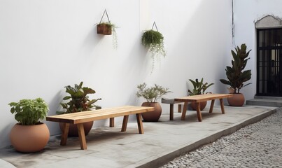  a row of wooden benches sitting next to each other near a wall.  generative ai