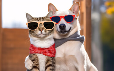 Dog hugging a cat pet friends in sunglasses indoors. Generative AI