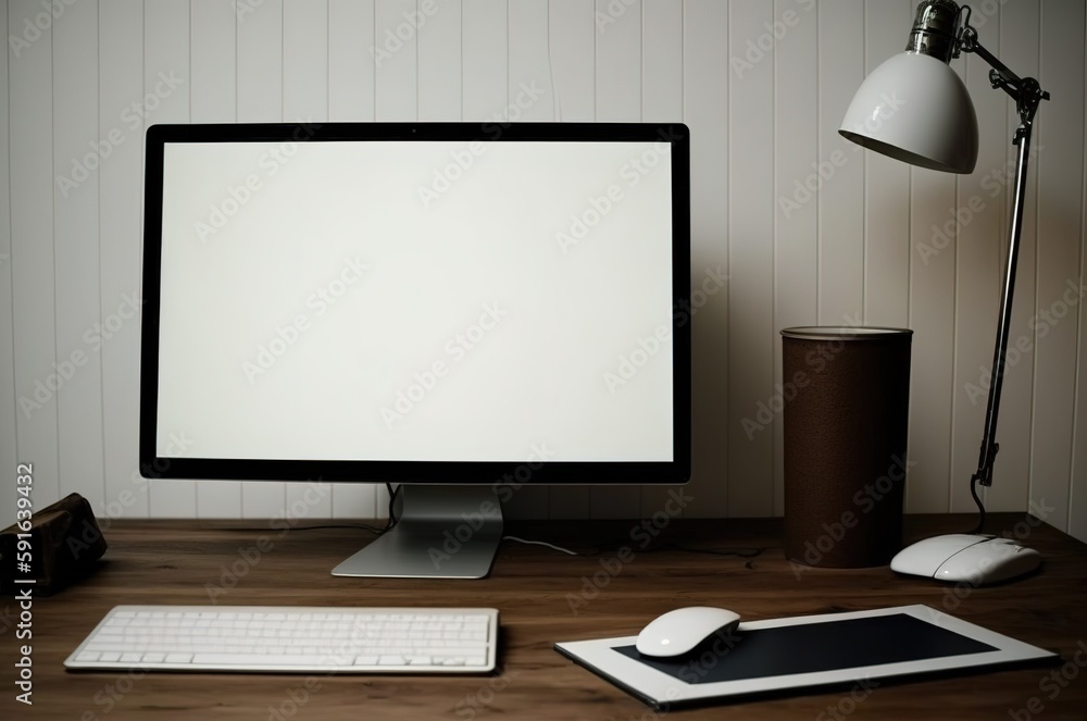 Poster a computer with a blank white screen and a journal sit on a wooden desk. generative ai