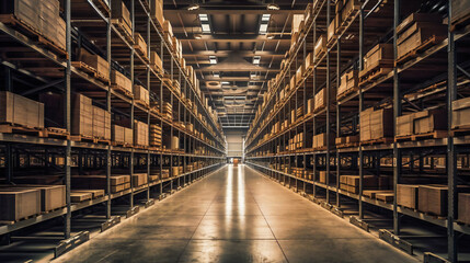 Fototapeta premium The Imposing Interior of a Massive Warehouse. Generative AI