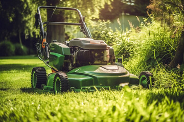 Mowing the Lawn.  A Beautifully Trimmed Backyard. Generative AI