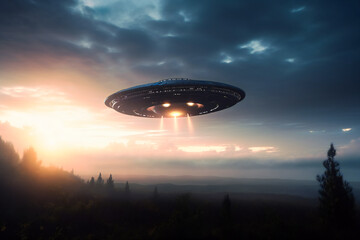 Mysterious UFO sighting over the distant horizon during a cloudy dusk. Generative AI