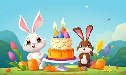  a rabbit and a rabbit sitting in front of a cake.  generative ai