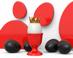 Unique white egg in royal king crown in ceramic eggcup and scattered black eggs