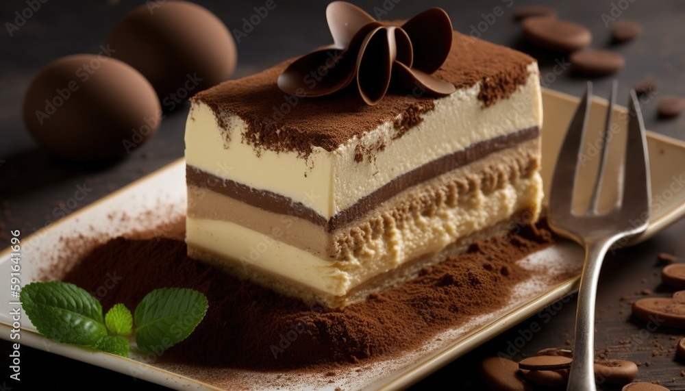 Poster close-up of a slice of tiramisu cake representing the idea of a delicious dessert generative ai