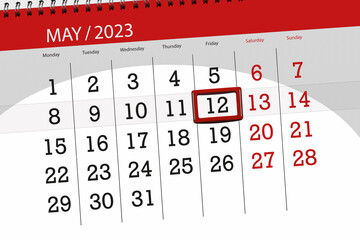 Calendar 2023, deadline, day, month, page, organizer, date, May, friday, number 12