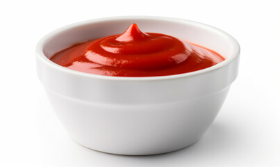 Delicious ketchup in white bowl isolated on white background. Portion of tomato sauce with clipping...