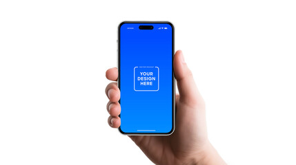 High quality smartphone mockup with isolated background. Hand holding the black smartphone. Smart phone mockup collection. Device front view. 3D mobile phone with shadow on white background.
