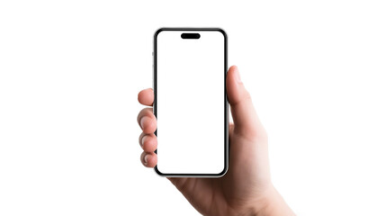 High quality smartphone mockup with isolated background. Hand holding the black smartphone. Smart phone mockup collection. Device front view. 3D mobile phone with shadow on white background.