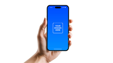 High quality smartphone mockup with isolated background. Hand holding the black smartphone. Smart...