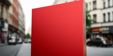 Red square signboard mockup in outside for logo design, brand presentation for companies, ad,...