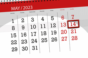 Calendar 2023, deadline, day, month, page, organizer, date, May, sunday, number 14