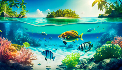 Fototapeta na wymiar A Vibrant Underwater World of Colorful Tropical Fishes. A Look into the Diverse and Complex Ecosystem of the Ocean. Generative AI