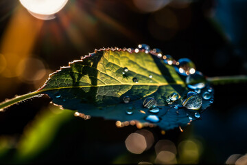Sunlit droplets glistening on fresh greenery . The shimmering beauty of water drops on a leaf . Generative AI