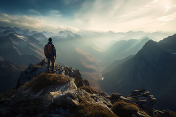 Naklejka na ściany i meble a person standing at the top of a mountain, looking out at the stunning view. Generative AI....