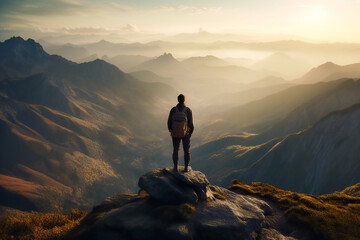 a person standing at the top of a mountain, looking out at the stunning view. Generative AI....