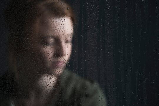 Portrait of teenage girl behind window, wet with raindrops