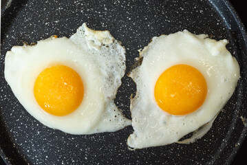Fried eggs in a frying pan on electric stove top view