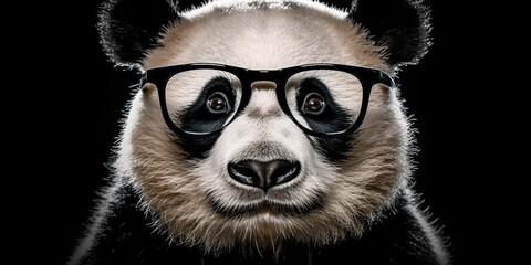 Portrait of a panda wearing glasses, on an isolated background and close-up. Generative AI