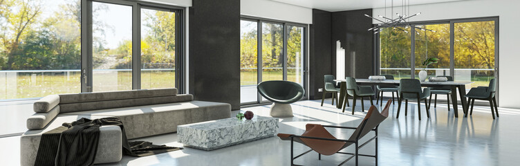 Large luxury modern bright interiors Living room mockup banner illustration 3D rendering computer digitally generated image