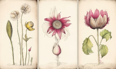  three different types of flowers are shown in this drawing book.  generative ai