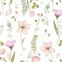 Blossom spring flowers seamless pattern fabric background, textile or wallpapers in provence style. Floral pattern with abstract flowers, leaves and berries. Watercolor illustration.