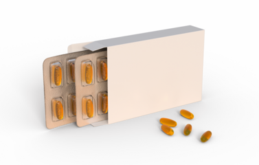 Editable mockup of fish oil omega 3 golden capsules in two blister pack on a transparent background. 3d rendering.