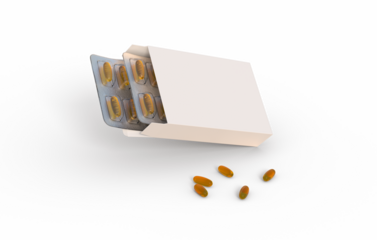 Editable mockup of fish oil omega 3 golden capsules in two blister pack on a transparent background. 3d rendering.