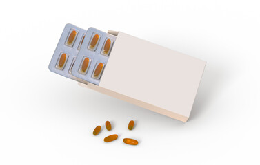 Editable mockup of fish oil omega 3 golden capsules in two blister pack on a transparent...