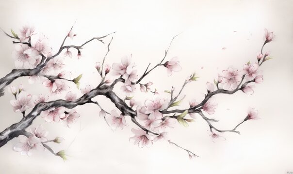 a painting of a branch with pink flowers on a white background.  generative ai