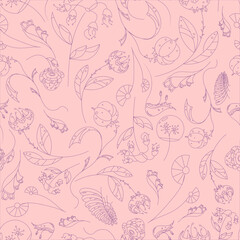 Seamless pattern with fantasy flowers, natural wallpaper, floral decoration curl illustration on pink background. Fantastic print, hand drawn elements. Home decor.