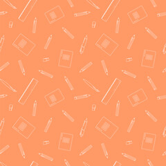School supplies seamless pattern with line icons. Study tools orange background - pencil, pen, ruler, color pencils, notebook, vector illustration. Colored wallpaper for stationery sale brochure.
