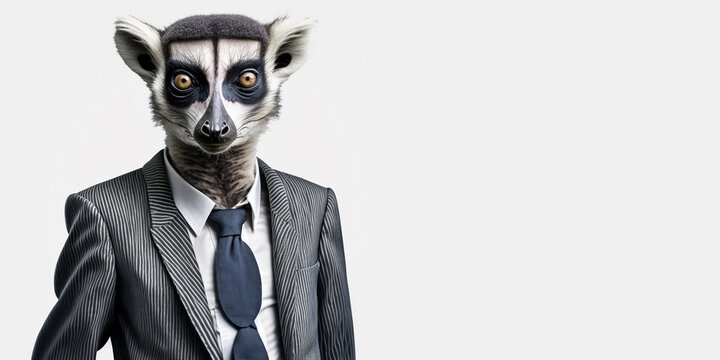 A man with the head of a lemur and in an office suit, on an isolated background. Generative AI