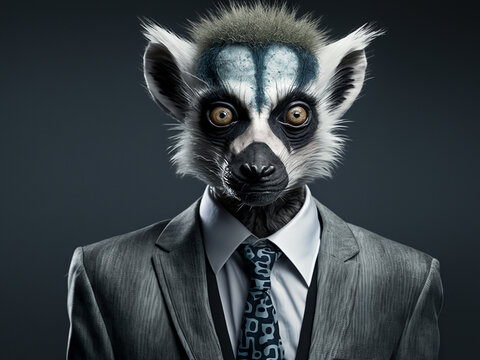 A man with the head of a lemur and in an office suit, on an isolated background. Generative AI