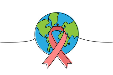 Earth silhouette with aid ribbon colored one line continuous drawing. World map silhouette continuous one line colorful illustration.