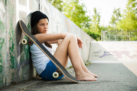 Girl Hanging out in Skatepark, Feudenheim, Mannheim, Baden-Wurttemberg, Germany