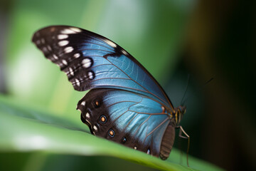 A blue morpho butterfly sits on a leaf.