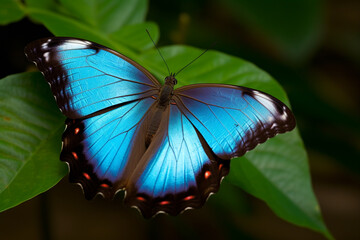 A blue morpho butterfly sits on a leaf.